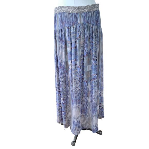 Of Two Minds Silk Flowy Boho Maxi Skirt Medium Blue Brown Chiffon - Picture 4 of 8